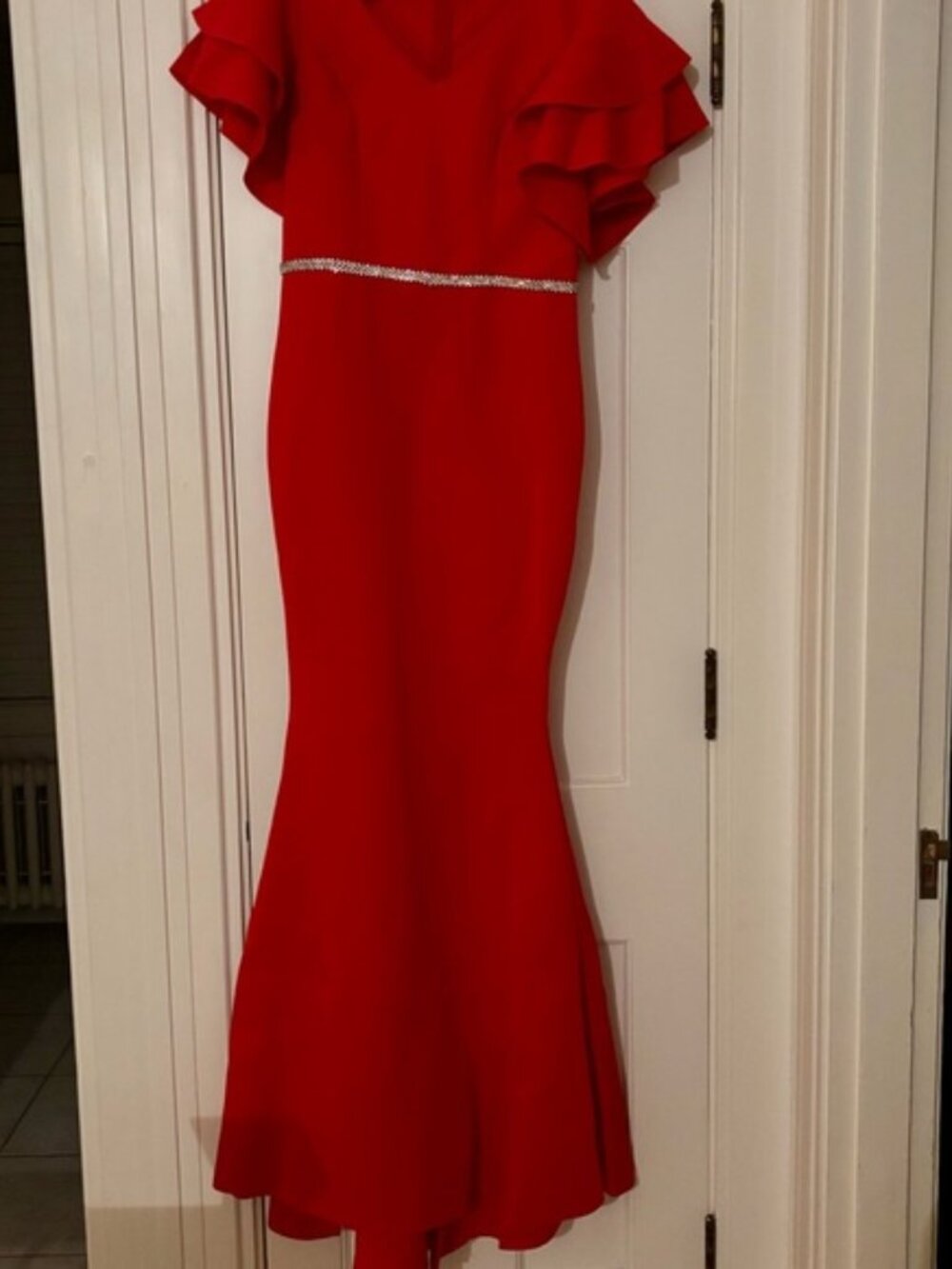 Chic Red Maxi Dress with Ruffled Sleeves-Large